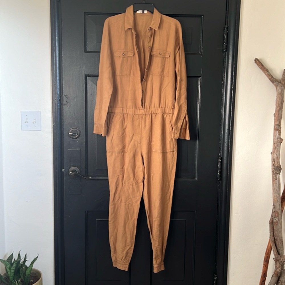 Ann Taylor Loft Khaki Linen Blend Jumpsuit